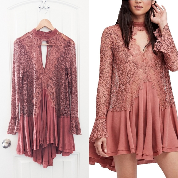 Free People Dresses & Skirts - Free People Tell Tale Mauve Lace Tunic Dress